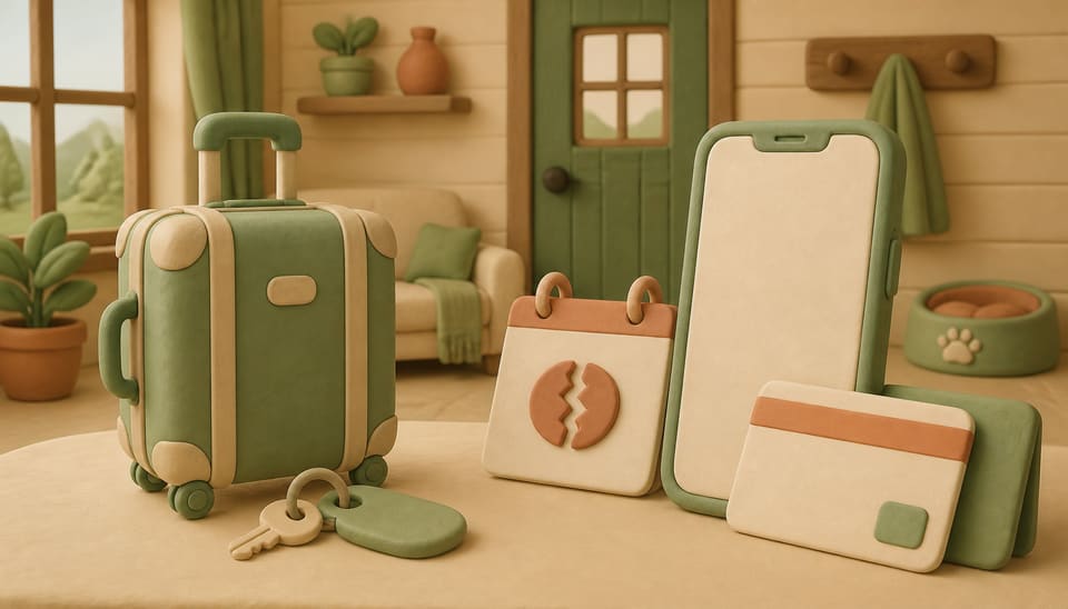 Soft 3D clay illustration of a suitcase, a canceled calendar tile, a cabin key, a phone and a refund card