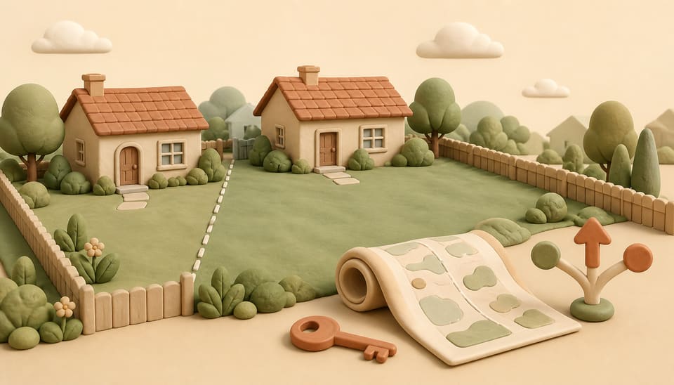 Soft 3D clay illustration of two neighboring homes, an expanded garden, a survey map and a key