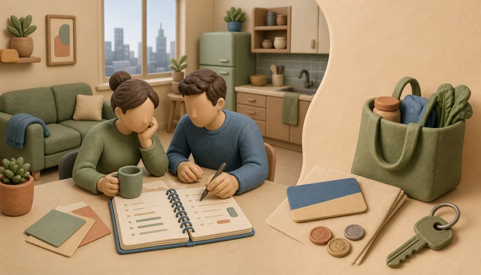 Soft 3D clay illustration of a compact New York apartment, transit card, grocery bag and budget notebook