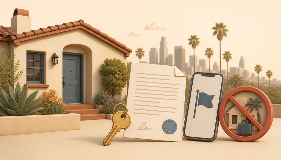 Soft 3D clay illustration of a Los Angeles rental home, a red prohibition symbol, a key, lease pages and a platform report flag