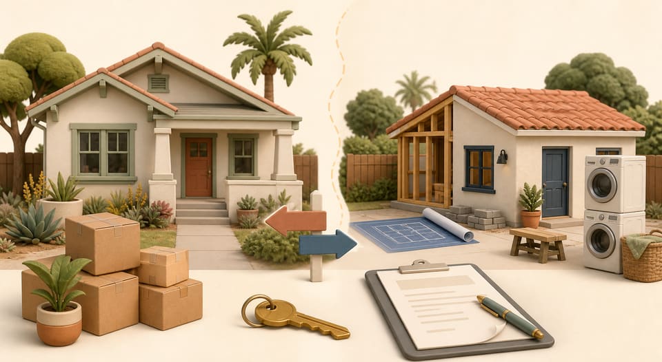 Soft 3D clay illustration of a California rental home, an ADU construction plan, a washer and dryer, moving boxes, a lease and a key