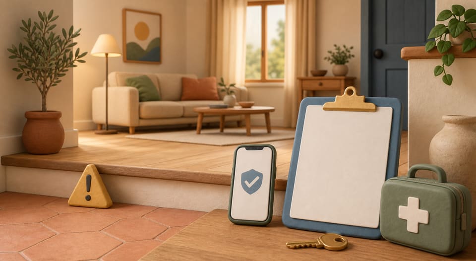 Soft 3D clay illustration of a short-term rental step, an incident-report phone, an insurance clipboard, a first-aid kit and a key