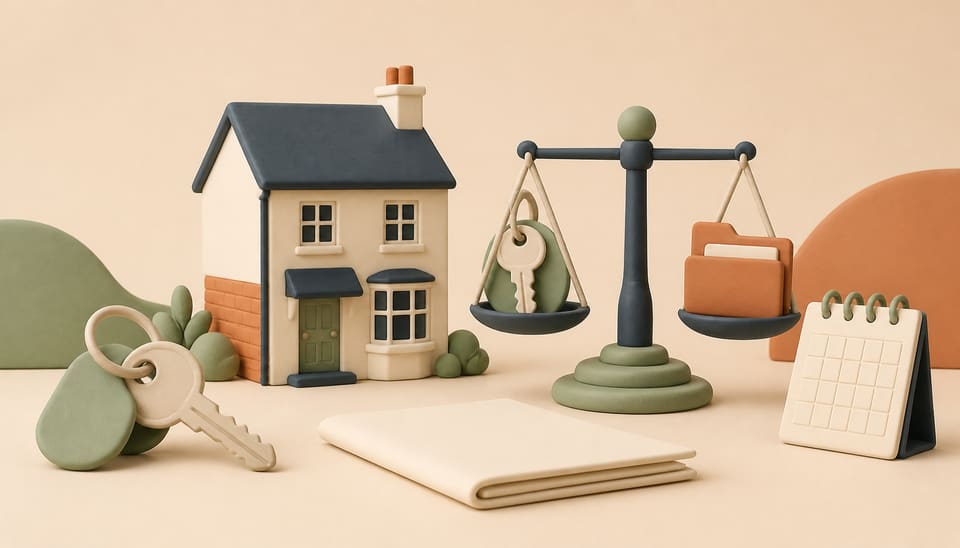 Soft 3D clay illustration of a UK rental home, tenancy papers, a calendar, a tenant key and a policy scale balancing renter security with landlord risk