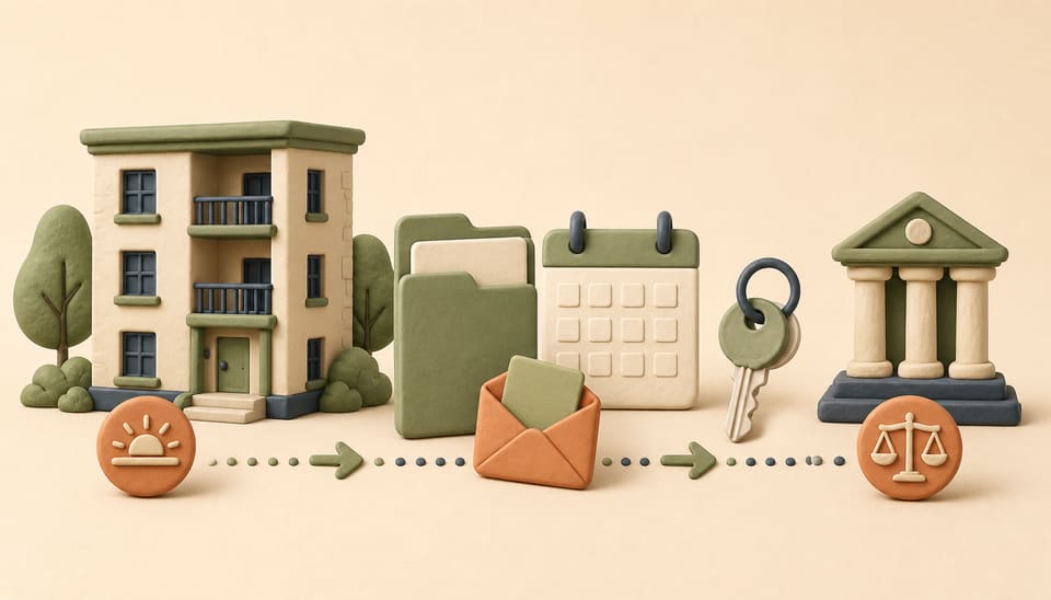 Soft 3D clay illustration of a Maine multifamily rental building, lease folder, calendar, rent envelope, key and courthouse symbol connected by a documented process