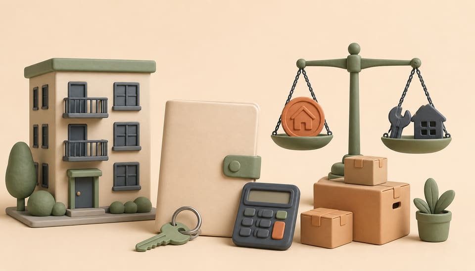 Soft 3D clay illustration of an apartment building, lease folder, tenant key, calculator, moving boxes and a scale balancing rent retention with turnover risk
