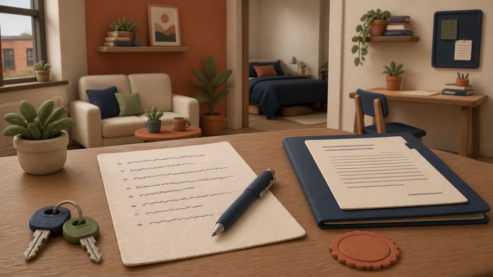Soft 3D clay illustration of an informal handwritten rental agreement, keys, a pen, a shared room and a formal lease folder