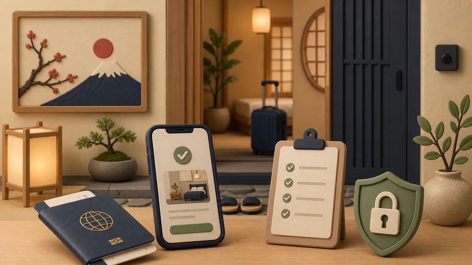 Editorial 3D illustration of a Japan accommodation entryway, a passport, a booking confirmation, an identity checklist and a privacy shield