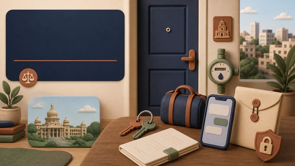 Editorial 3D illustration of an apartment door, two keys, a guest bag, a lease, a phone message, a water meter and a security deposit envelope