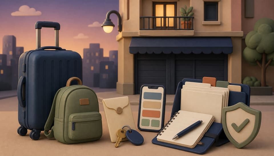 Soft 3D clay illustration of travel luggage outside a closed mixed-use storefront, with a phone, hotel key envelope, evidence folder and safety shield