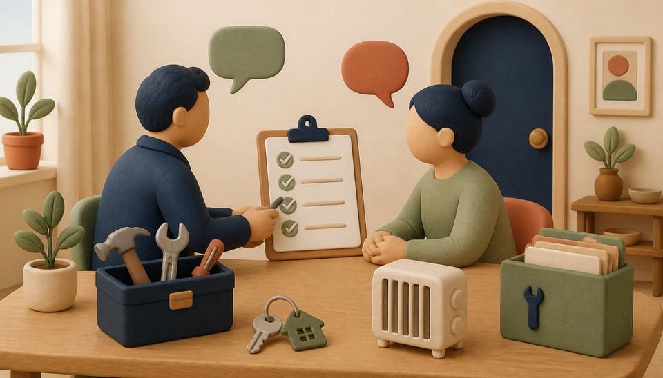 Soft 3D clay illustration of a landlord and tenant connected by a clear property management checklist, repair toolbox, key and communication folder