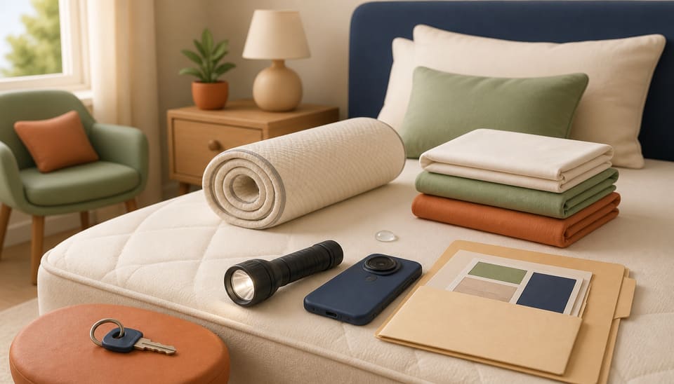 Soft 3D clay illustration of a rolled mattress protector, inspection flashlight, moisture droplet, clean bedding and evidence folder in a rental bedroom