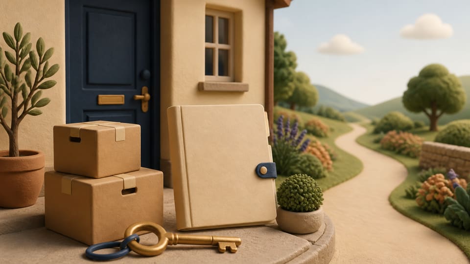 Soft 3D clay illustration of a house key, moving boxes and an official estate folder beside a home doorway