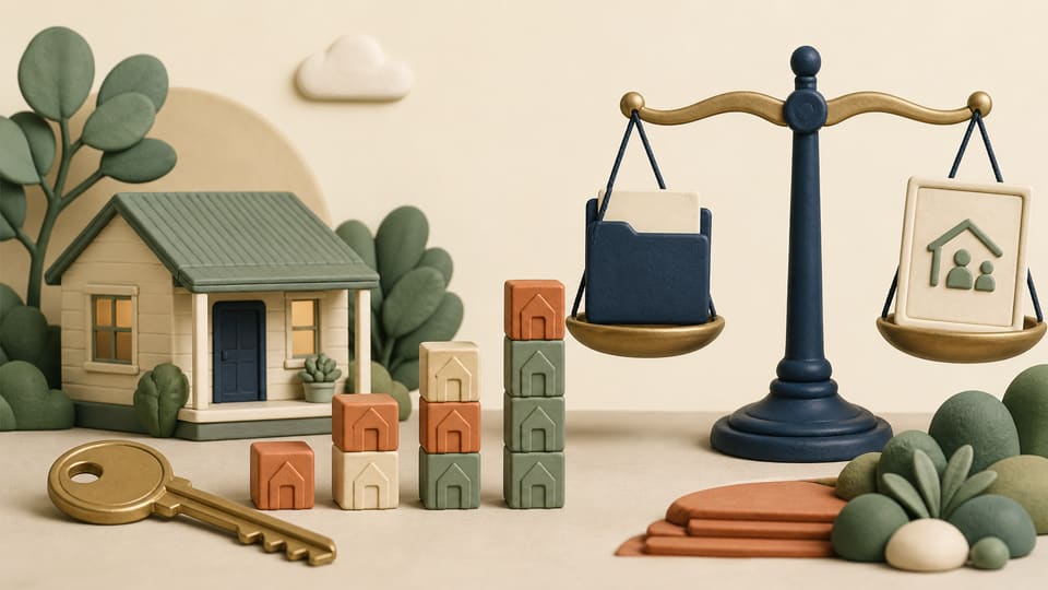 Soft 3D clay illustration of a rental home, a key, a growing stack of ownership blocks and a balanced policy scale