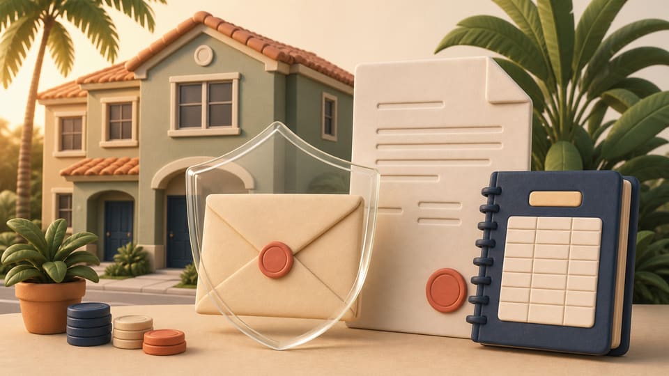 Soft 3D clay illustration of a Florida rental home, a rent envelope, an HOA notice and a protected payment ledger