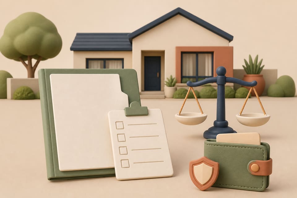 Soft 3D illustration of a rental agreement, a fee checklist and a protected tenant wallet beside a South African home
