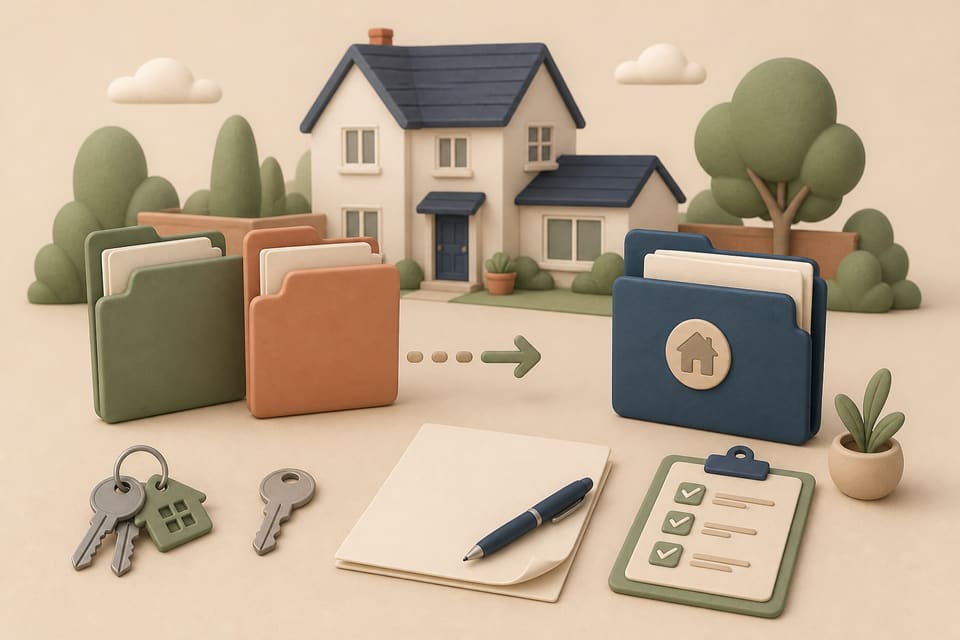 Soft 3D illustration of two tenancy folders becoming one, with a signed agreement, house keys and a clear checklist