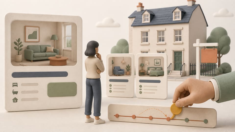 Soft editorial illustration of a UK rental listing with a fixed price tag, a tenant comparing market listings and a landlord choosing between a high asking rent and a lower offer