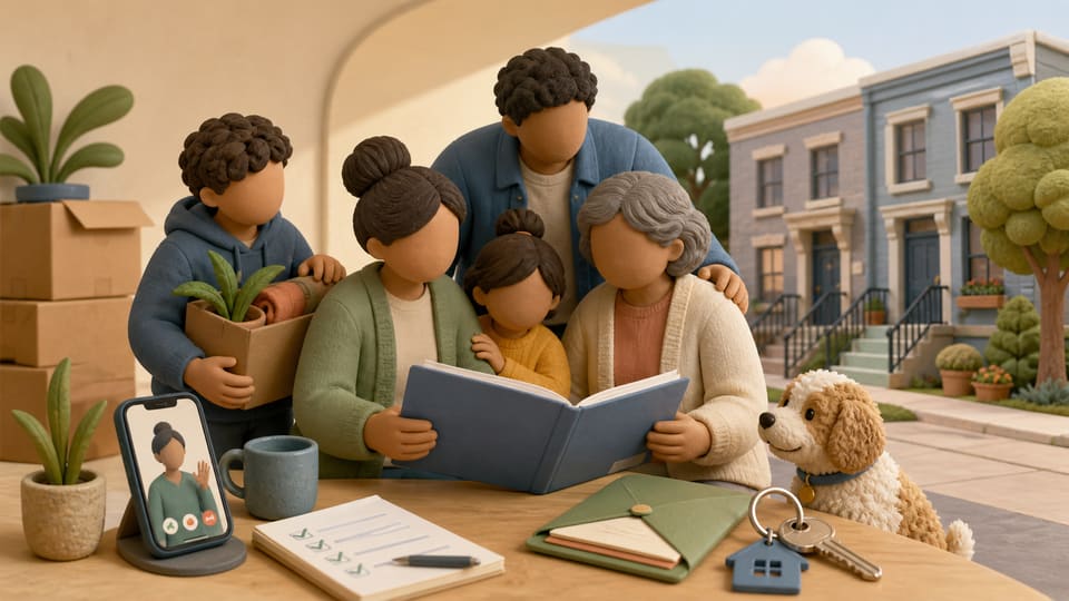 Warm editorial illustration of a multigenerational family preparing a rental application beside moving boxes, a home key, a savings folder and a housing-support phone