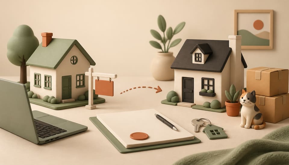 Soft 3D illustration of a home sale transitioning to a temporary rental, with moving boxes, a laptop, a key, a contract folder and an indoor cat