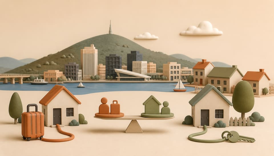 Soft 3D illustration of a Hobart-like waterfront skyline, homes, a travel suitcase, a housing key and a balanced policy scale