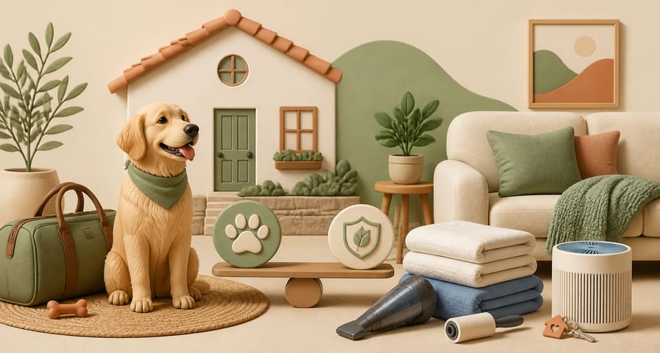 Soft 3D illustration of a vacation rental interior with a friendly dog, clean linens, a vacuum, an air filter and a balanced policy scale