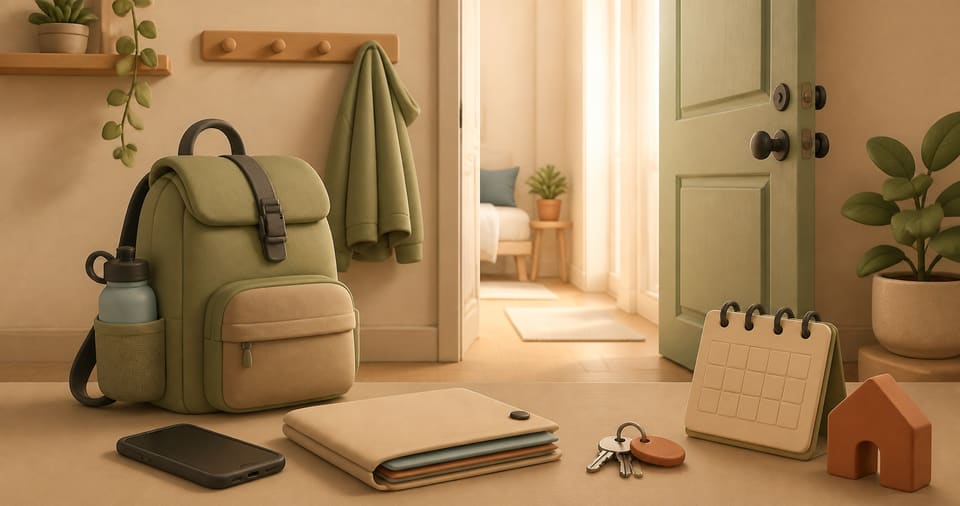 Soft 3D illustration of a packed backpack, phone, documents, keys and an open door leading toward a safe temporary home