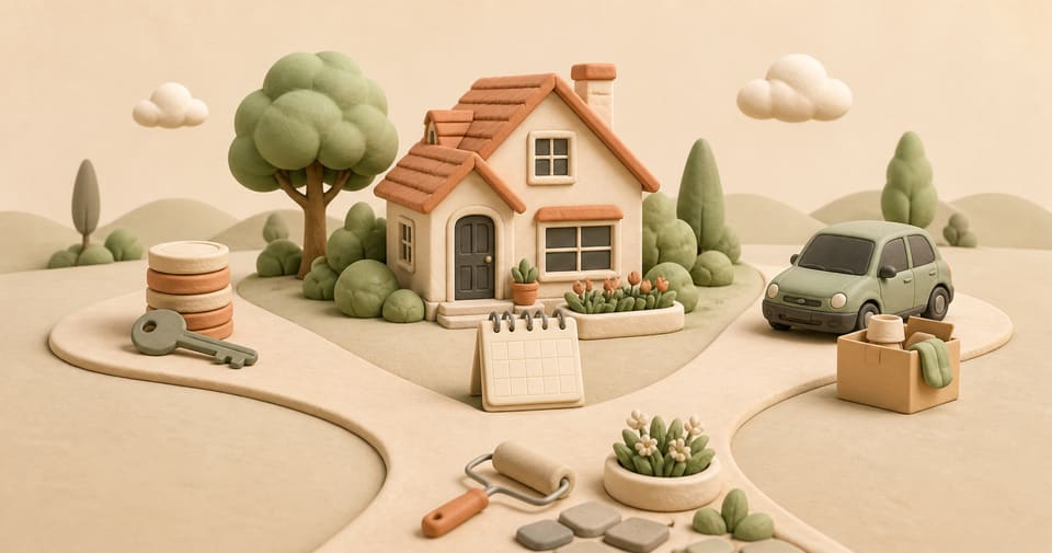 Soft 3D clay illustration of a house at a three-way path with a key, moving box, car, calendar and exterior remodeling tools