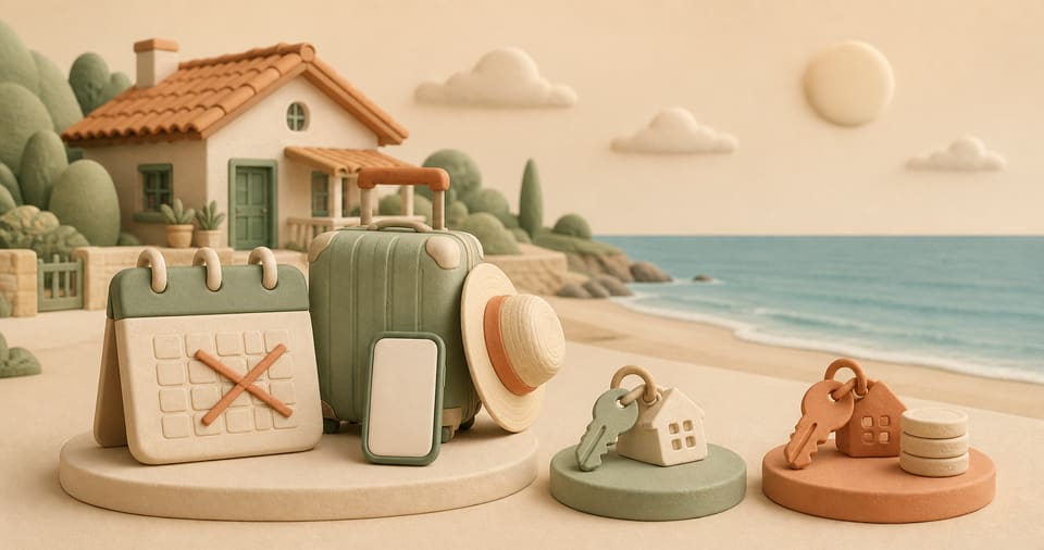 Soft 3D clay illustration of a seaside cottage, crossed-out blank calendar, suitcase, phone, lodging keys and a neutral refund coin stack