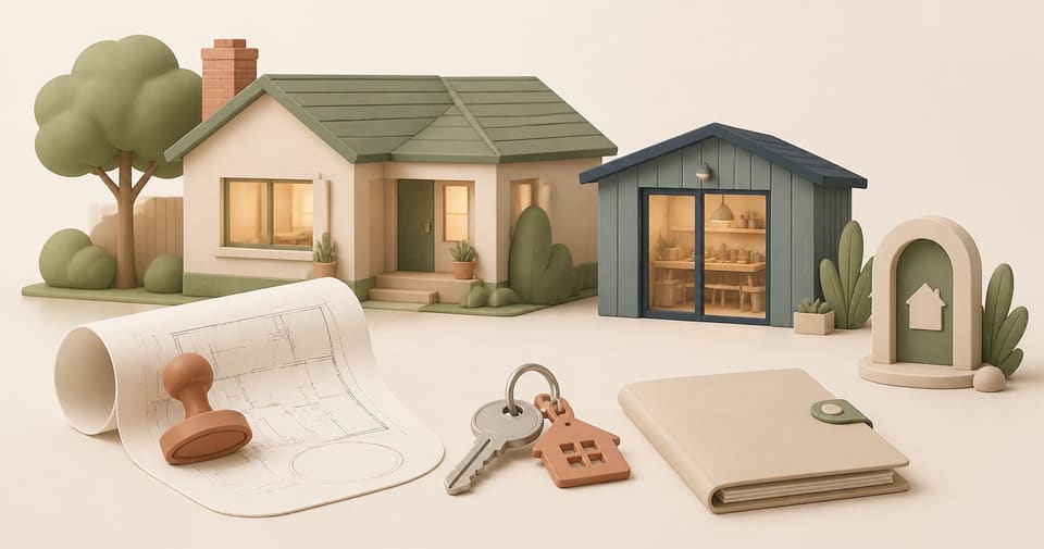 A generic main house and studio beside a building plan, key, rental folder and safe-home marker