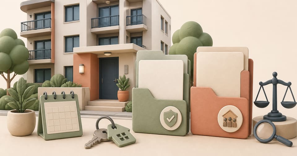 A generic apartment building beside blank rental folders, a calendar, keys and a legal review symbol