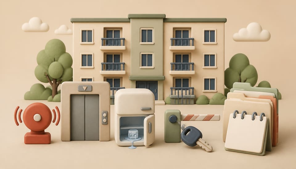 Soft 3D illustration of an apartment building with a fire alarm, broken elevator indicator, refrigerator, parking gate and organized repair records