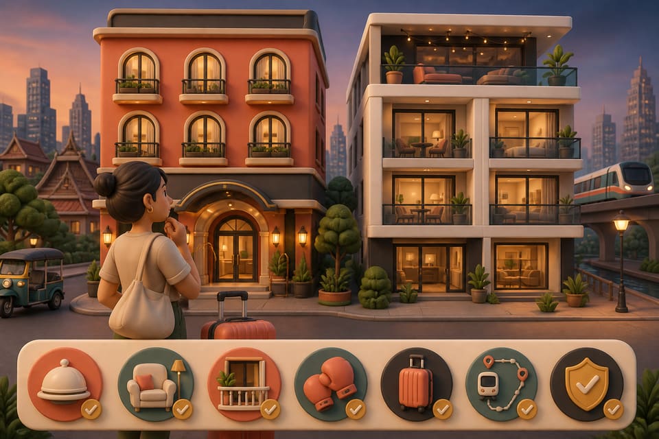 Soft 3D editorial illustration of a Bangkok-inspired hotel and serviced apartment beside a traveler, suitcase, balcony, transit line and accommodation decision symbols