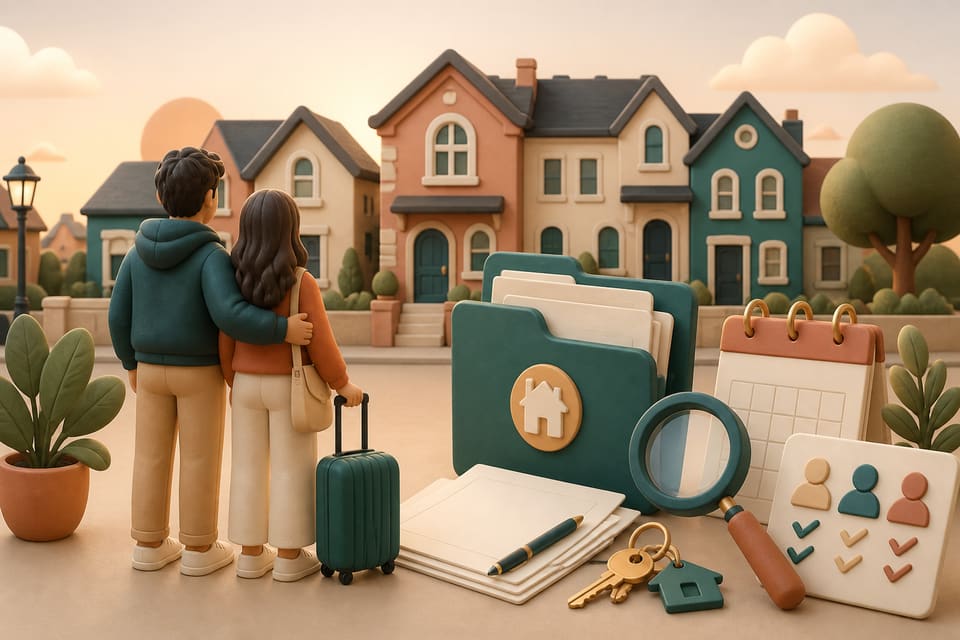 Soft 3D editorial illustration of a couple preparing to rent a home beside an application folder, house keys, calendar, magnifying glass and comparison checklist