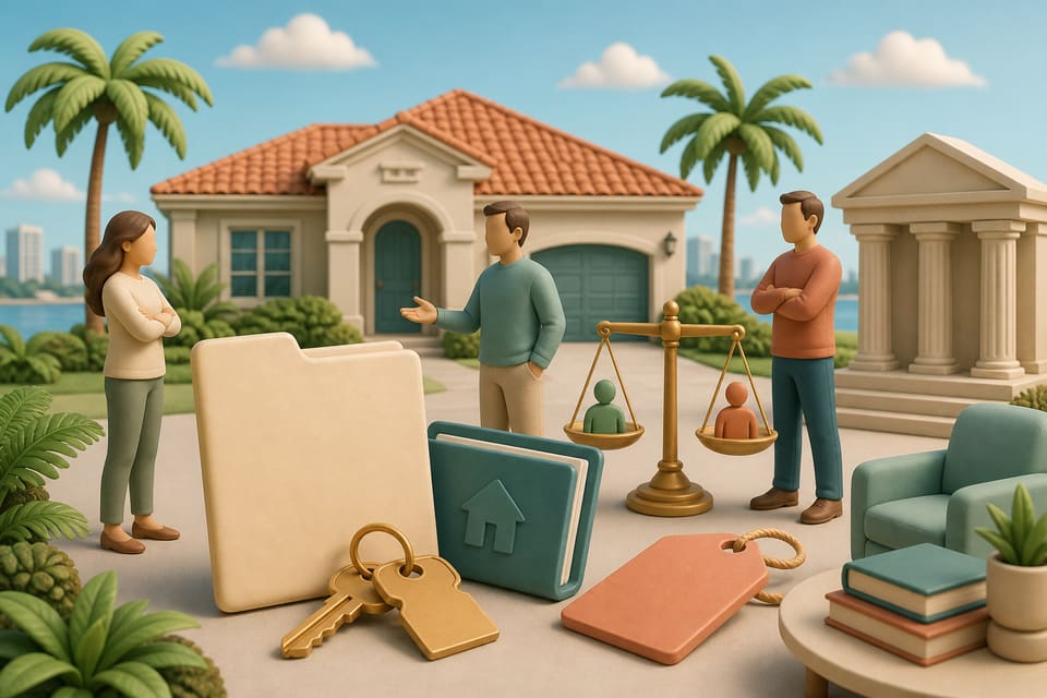 Soft 3D illustration of a Florida-style home, deed folder, keys, ownership scale and courthouse columns