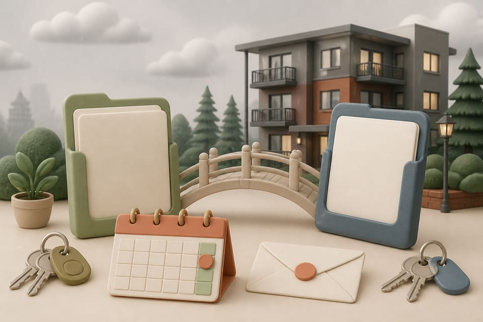 A stylized Seattle apartment building with a calendar, keys and lease folders representing the transition from a fixed-term lease to a month-to-month tenancy