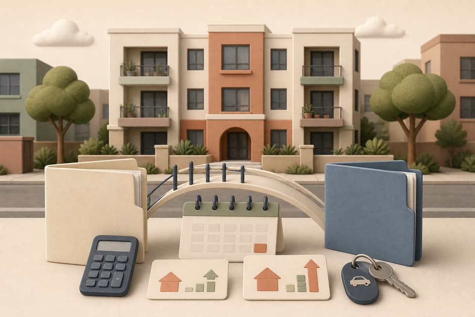 A stylized San Francisco condominium building with lease folders, a calculator, a rent increase comparison and a parking key tag