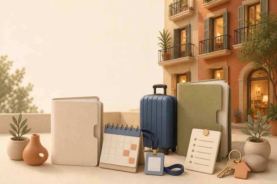 A stylized Mediterranean apartment building with a temporary rental folder, work documents, a calendar and keys representing a move to Barcelona