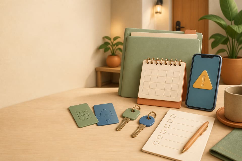 A calm illustrated rental scene with condo and hotel keys, a short-stay calendar, a warning symbol and a checklist