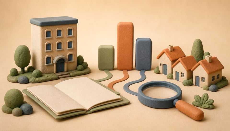 Soft clay illustration of a hotel, homes, an open report, a magnifying glass and unlabelled data blocks representing careful interpretation of accommodation statistics