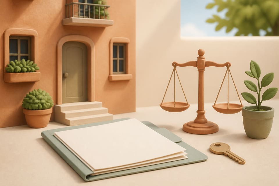 Soft clay illustration of an apartment building, blank folder, key, balanced scale and plant representing a well-prepared lease-renewal discussion