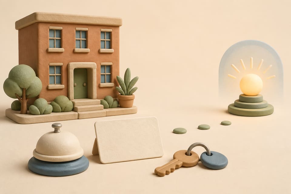 Soft clay illustration of a welcoming apartment building, blank contact card, desk bell, keys, and a gentle safety beacon representing a respectful resident check-in process