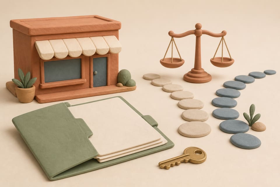 Soft clay illustration of a storefront, blank lease folder, key, balanced scale, and two paths representing a careful commercial-lease decision