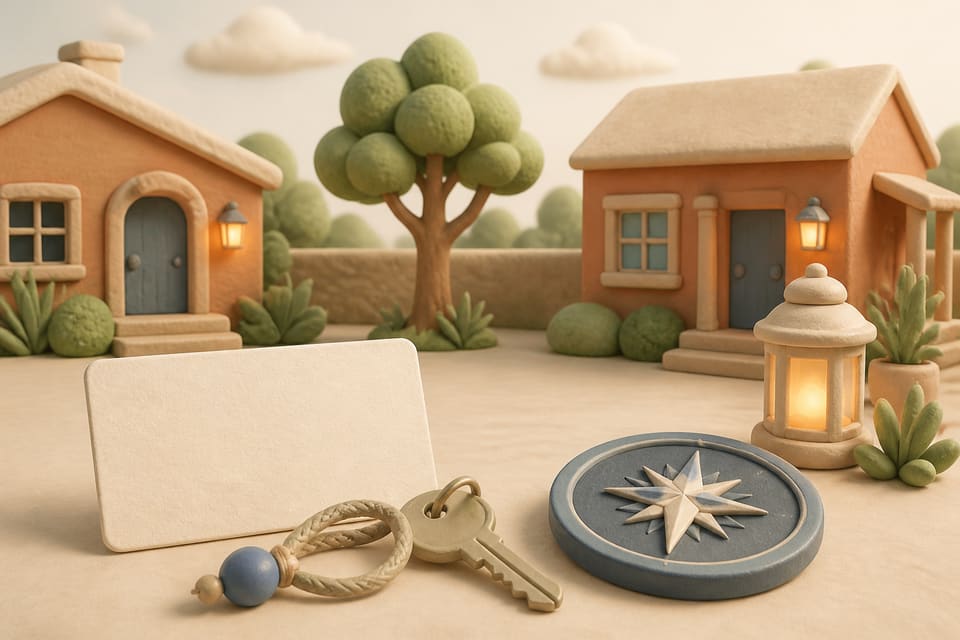 Soft clay illustration of two homes, a tree, blank emergency contact card, key, porch light and compass-like marker representing a calm family safety plan