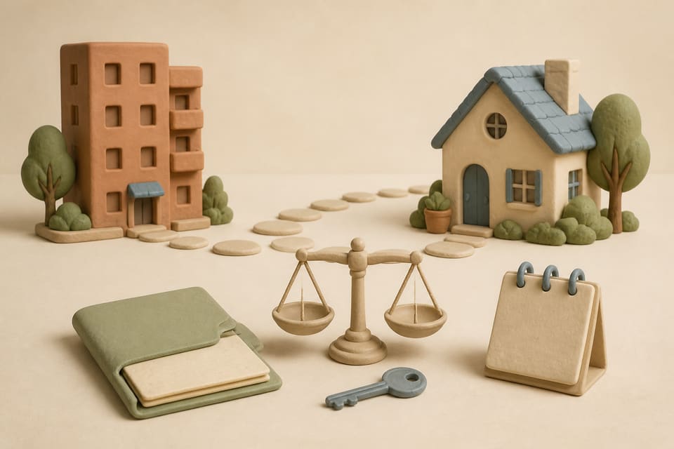 Soft clay illustration of an apartment building and house connected by a path, with a blank folder, key, scale, and unmarked calendar representing a home-buying timing decision