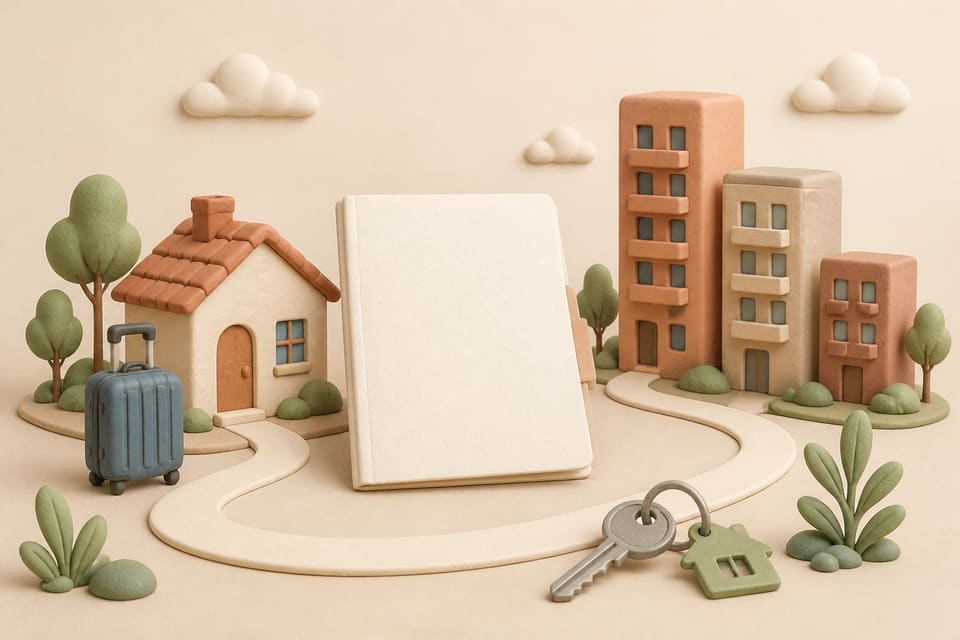 Clay-model house, travel suitcase, planning folder, apartment buildings and keys representing short-stay housing policy choices