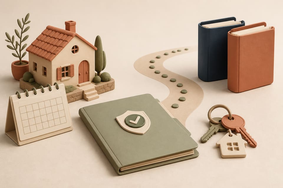 Clay-model holiday home, booking calendar, handover folders and keys representing a short-stay manager transition