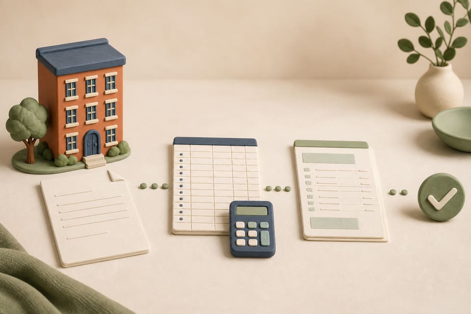 Clay-model apartment building, lease, payment ledger, bank record, calculator and check marker representing rent-account reconciliation