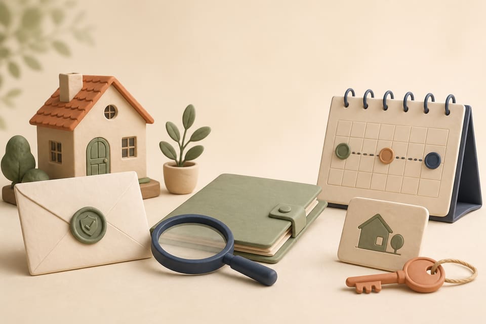Clay house, sealed verification letter, escrow folder, magnifying glass, calendar milestones and keys representing cash-buyer due diligence