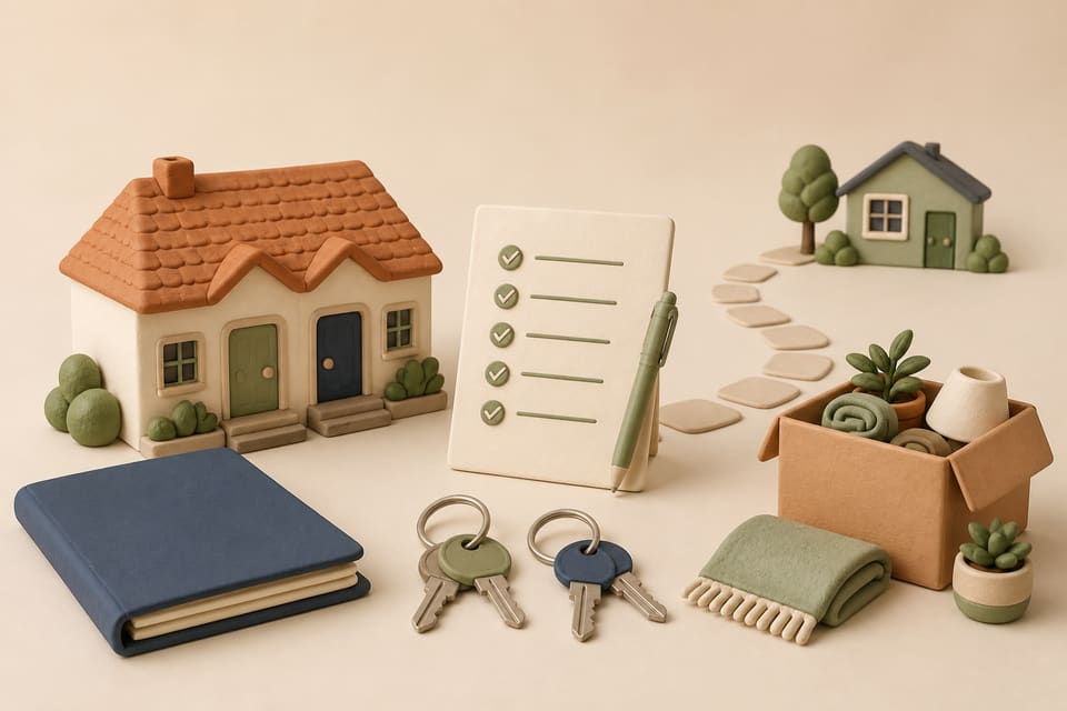 Clay shared home, two key rings, lease folder, checklist, moving box and path to a second home representing a documented shared-rental exit