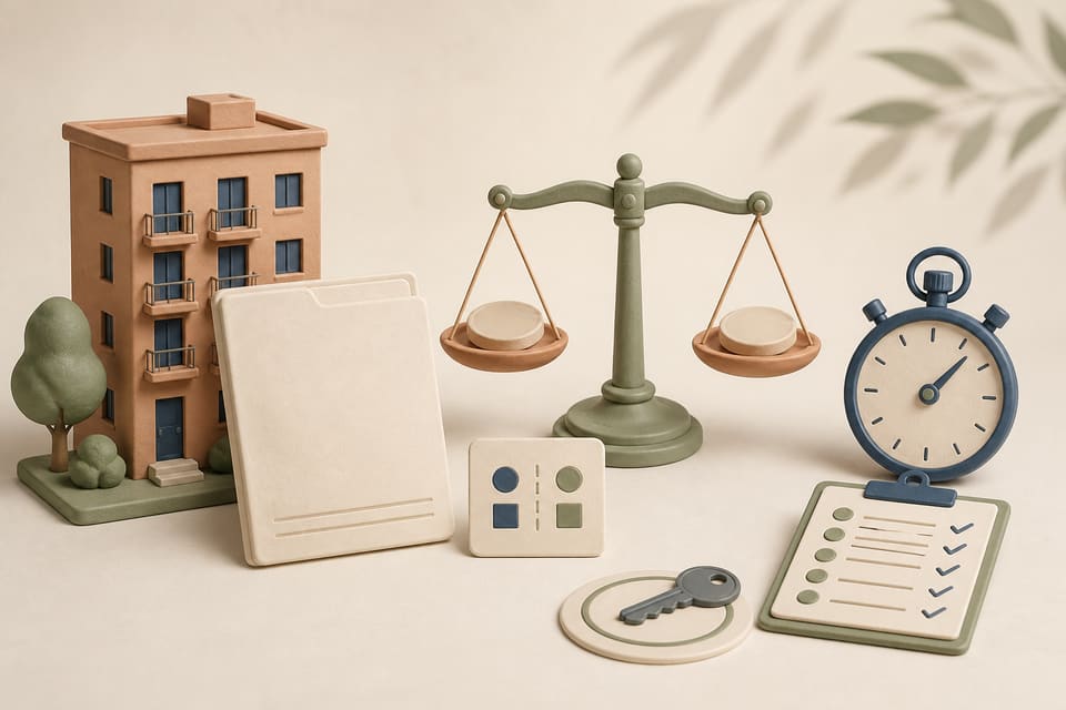 Clay apartment building, blank transfer folder, balanced scale, decision card, stopwatch, checklist and key representing a rental transfer fee review